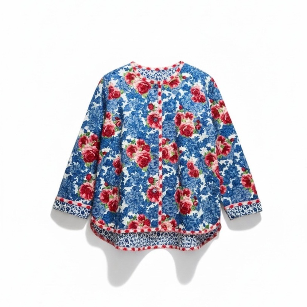 Handmade | Reversible Quilted Jacket XL Blue Red Floral Cottagecore Coat